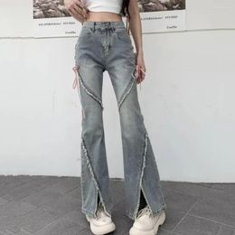 Women's Jeans Women Hip Hop Ripped Split Flared Hem Pink Bandage High Waist Button Zipper Closure Streetwear Long Trousers Pantalon