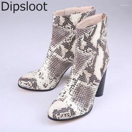 Boots Ladies Python Leather Ankle Plush Inside Winter Women Round Toe Chunky High Heels Warm Snakeskin Short Bottines