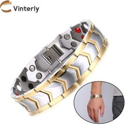 Bracelets Vinterly Energy Bracelets Men Magnetic Arrow Gold Colour Chain Link 15mm Wide Stainless Steel Germanium High Magnet Male Jewellery