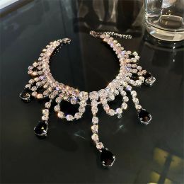 Necklaces FYUAN Black Water Drop Crystal Choker Necklaces for Women Long Tassel Rhinestones Necklaces Statement Jewellery