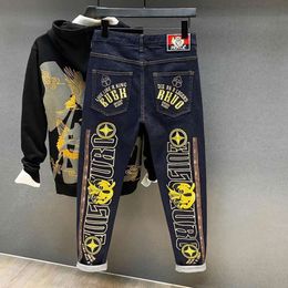 2023 Autumn New Men's Jeans Trendy Brand Primary Color Washed Print broderad Elastic Slim Fit Small Foot Pants 795243