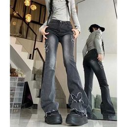 سراويل جينز للسيدات جرونج Y2K جينز منخفضة الصعود للمرأة للمرأة الستار الجمالية الربط الفراشة خمر غسل البنطلون سراويل الإناث Y240422