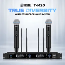Microphones FROKET Wireless Handheld Microphone System T-M20 4 Antennas UHF True Diversity Dual Channel Mics Set Dynamic Mic For Singing