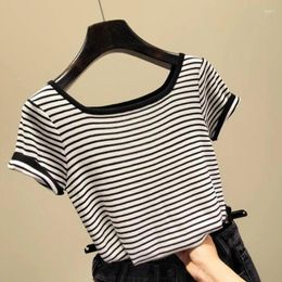 Women's T Shirts 2024 Summer Fashion Striped Short Sleeve T-shirt Female Square Collar Tees Tops Ladies Knitted V19