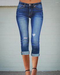 Women's Jeans Low Waist Pocket Design Ripped Capris Mid Calf Length Pencil Slim Skinny Pants Denim Trousers Sexy