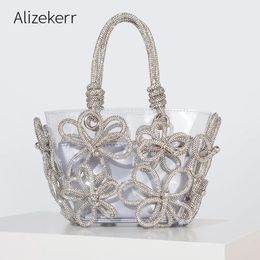 Diamond Flower Transparent Tote Bags Women Boutique Summer Holiday Handmade Woven Rhinestone Beach Purses And Handbags Wedding 240411