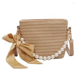 Shoulder Bags Pearl Portable StrawBag Korean Style Trendy Ladies Bucket Bag Simple Bow Messenger Beach Hand-woven Handbag
