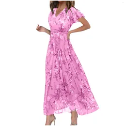 Casual Dresses Split Dress For Women Swing Long Chiffon Floral Short Sleeve Ruffle V Neck Womens Fall With Sleeves