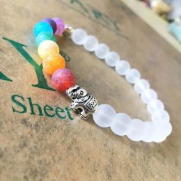 Strands Elephant With 7 Chakra Scrub White Transparent Stone Beads Yoga Energy Bracelet For Men Women Reiki Prayer Stone Bangles Jewellery