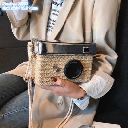 wholesale ladies shoulder bags 2 Colours small fresh personality camera box bag summer straw fashion beach handbag street fashion woven mobile phone coin purse