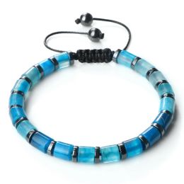 Bangle Men Women 6x6mm Cylindrical Beads Bracelets & Bangles Fashion Natural Blue Green Agates Stone Yoga Bracelets Adjustable Jewellery