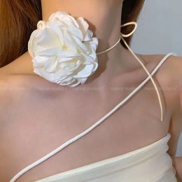 Necklaces Rose Flower Choker with Long Rope Adjustable Large Flower Romantic Necklace Rose Choker Necklace French Style Neck Accessories