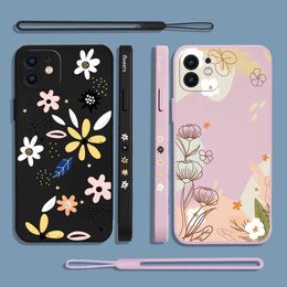 Cell Phone Bumpers Messy flower Phone Case For iPhone 15 14 13 12 11 Pro Max Mini X XR XS MAX SE20 8 7 Plus 6S Plus Silicone Cases with Hand Strap Y240423
