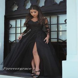 Modern Long Sleeves Evening Dress Modest ThingHigh Split Chiffon A Line Black Formal Party Gown Custom Made Plus Size7239336