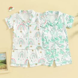 Summer Kids Clothes Boys Girls Pajama DinosaurRainbow Print Short Sleeve Button Shirts Shorts Sets Cotton Sleepwear 240408