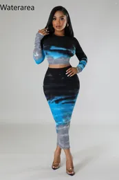 Work Dresses Waterarea Tie Dye Knit Ribbed Women's Set Long Sleeve T-shirt And Bodycon Midi Maxi Skirts Suit 2024 Two 2 Piece Sets Outfits