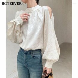 Women's Blouses BGTEEVER Elegant Loose Off-the-shoulder Shirts For Women Spring Summer Long Sleeve Stand Collar Ladies Tops