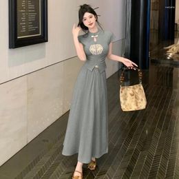 Work Dresses Woman's Summer Embroidered Short-sleeve T-shirt A-shaped Skirt Suit Retro Elegant Buckle Collar Half Two-piece Set