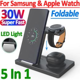 Chargers 30W 5 in 1 Wireless Charger Stand For IPhone 14 13 12 11 Apple Samsung Watch Airpods IWatch Foldable Fast Charging Dock Station