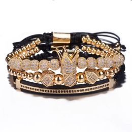 Strands Luxury Jewelry CZ Polygon Ball Crown Charm Copper Bead Macrame Handmade Men 3pcs Bracelets Set Bangles For Men Jewelry