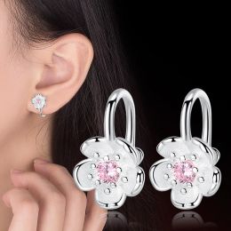 Earrings Korea Style Crystal Cherry Blossom Flower Clip on Earrings Without Piercing for Girls Party Sweet Silver Color No Hole Ear Clip