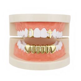 Cross shaped hollow upper teeth with smooth surface and lower teeth hip-hop braces with grillz18k electroplated vampire dentures