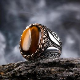 Bands 2021 Trendy Vintage Retro Middle East Arabic Style Ancient Steel Tiger Eye Stone Gem Flame Ring Punk Jewelry for Men Party Gifts