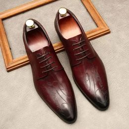 Dress Shoes Fashion Mens Oxford Derby Engraving Genuine Leather Lace Up Wedding Party Office Formal For Men Black Wine Red