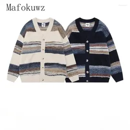 Men's Sweaters Autumn Winter V Neck Striped Cardigan American Retro Loose Casual Oversize Knitted Jackets Men Tops Male Clothes