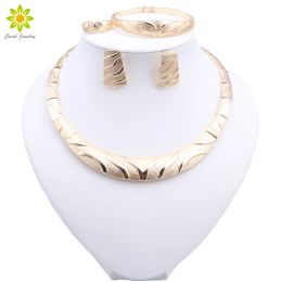 Strands Gold Colour Jewellery Set Simple Elegant Bridal Wedding Earring Necklace Bracelet Ring For Women African Statement Anniversary Gift