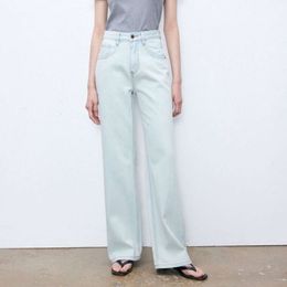 Washed light blue high waisted wide leg jeans for slimming and versatile minimalist denim chain