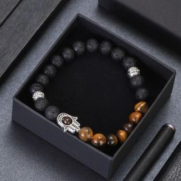 Strands Natural Tiger Eye Lava Beads Chakra Bracelets for Men Women Lucky Turkish Evil Eye Hand Of Fatima Jewelry Bangles Gifts