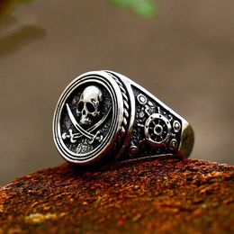 Vintage Pirate Signet Double Knife Skull Rings Men Stainless Steel Viking Compass Ring Biker Amulet Jewellery Gift Drop 240423