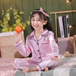 Girls Pink Silk Pajama Sets Kids Full Sleeve ButtonDown Pyjamas Toddler Sleepwear Summer Spring Lapel Loungewear Homewear Cloth 240408