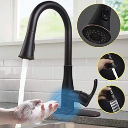 Kitchen Faucets Touchless Single Handle Faucet 3-Function Motion Sensor Pull-Down Sprayer Oil Rubbed Bronze Lead-Free Brass Deck Mount