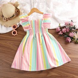 Girl Summer Colorful Striped Flutter Sleeve Smocking Lace Aline Kneelength Skirt Fashion Sweet Daily Casual Vacation Dress 240420