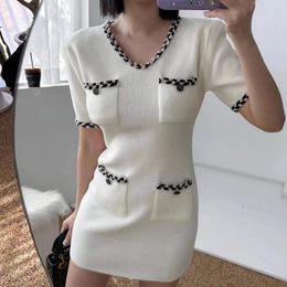 Casual Dresses French Small Fragrance V-neck Women Vestidos Multi-pocket Contrast Edge Short-sleeved Korean Knitted Hip Dress Female