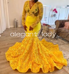 Yellow 3D Rose Floral Evening Reception Ceremony Dresses for Black Girl Long Sleeve Applique Sheer Mesh Prom Party Dress