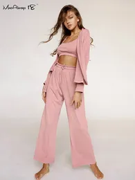 Women's Two Piece Pants Ribbed Drop Sleeves Casual Sets Women 3 Pieces Homewear Outfits Vest And Shirts Bud Waist Suits