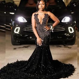 Sequins Prom Dress For Black Girl 2024 Feather Diamond Crystal Birthday Party Gown Robe De Soiree