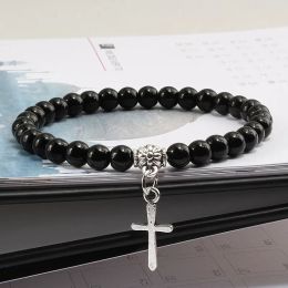 Strands Trendy Men Natural Stone Bracelet Charm Matte Black Cross Beaded Bracelets&Bangles Women Yoga Strand Chain Couple Jewelry Gifts