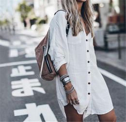 Summer Beach Coverup Women Tops Badeanzug Cover Up Plus Size Long Sleeve White Cotton Shirt Kleid Fashion Button Beachwear Tunika S4360647