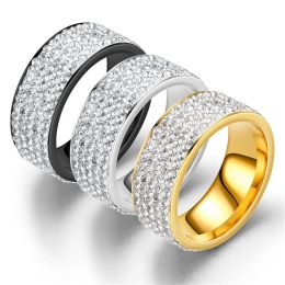 Bands Hip Hop Iced Out Bling Ring 8mm Male Black/Gold/Silver Colour Stainless Steel Engagement Wedding Rings for Women Men Jewellery Gift