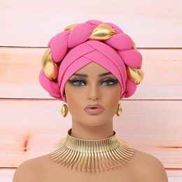 African Turban Cap Headdress Womens Pleated Hat Hair Accessories Arab Wrapped Muslim Hijab Big Braids Turban Gele Head Bonnet 240410