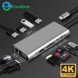 Hubs EONLINE 11 in 1 Multiple USB Hub 3.0 Port Type C Adaptor for Macbook Laptop HDMI PD Charger Audio VGA RJ45