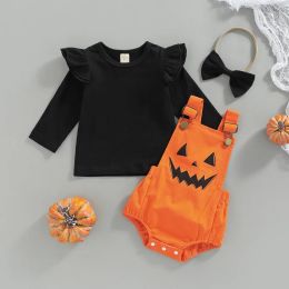 Sets Halloween Baby Girls Outfit Solid Color Fly Long Sleeve Ribbed Tops + Pumpkin/Ghost Printing Suspender Romper + Headwear