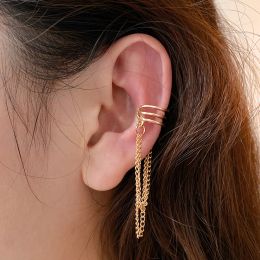 Earrings Vintage Simple Gold Color Silver Color Hollow Long Chain Clip Earrings for Women Girls Geometric Metal Fake Ear Cuff Jewelry