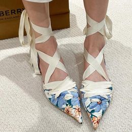 Casual Shoes Flats Women 2024 Printed Pointed-Toe Sandals Ankle Strap Single Flat Spring And Summer Female