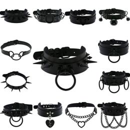 Necklaces Halloween Emo Cosplay All Black Goth Choker Necklaces For Women Men Punk Spike Rivet Round Heart Bell Belt Necklaces Y2K Jewelry
