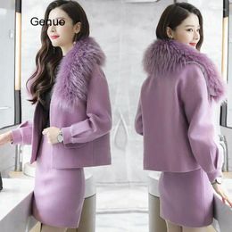 Work Dresses Two Pieces Skirt Sets Women 2024 Fashion Woollen Cloth Tops 2 Piece Suits Skirts Red Purple Suit Winter Party Outfit